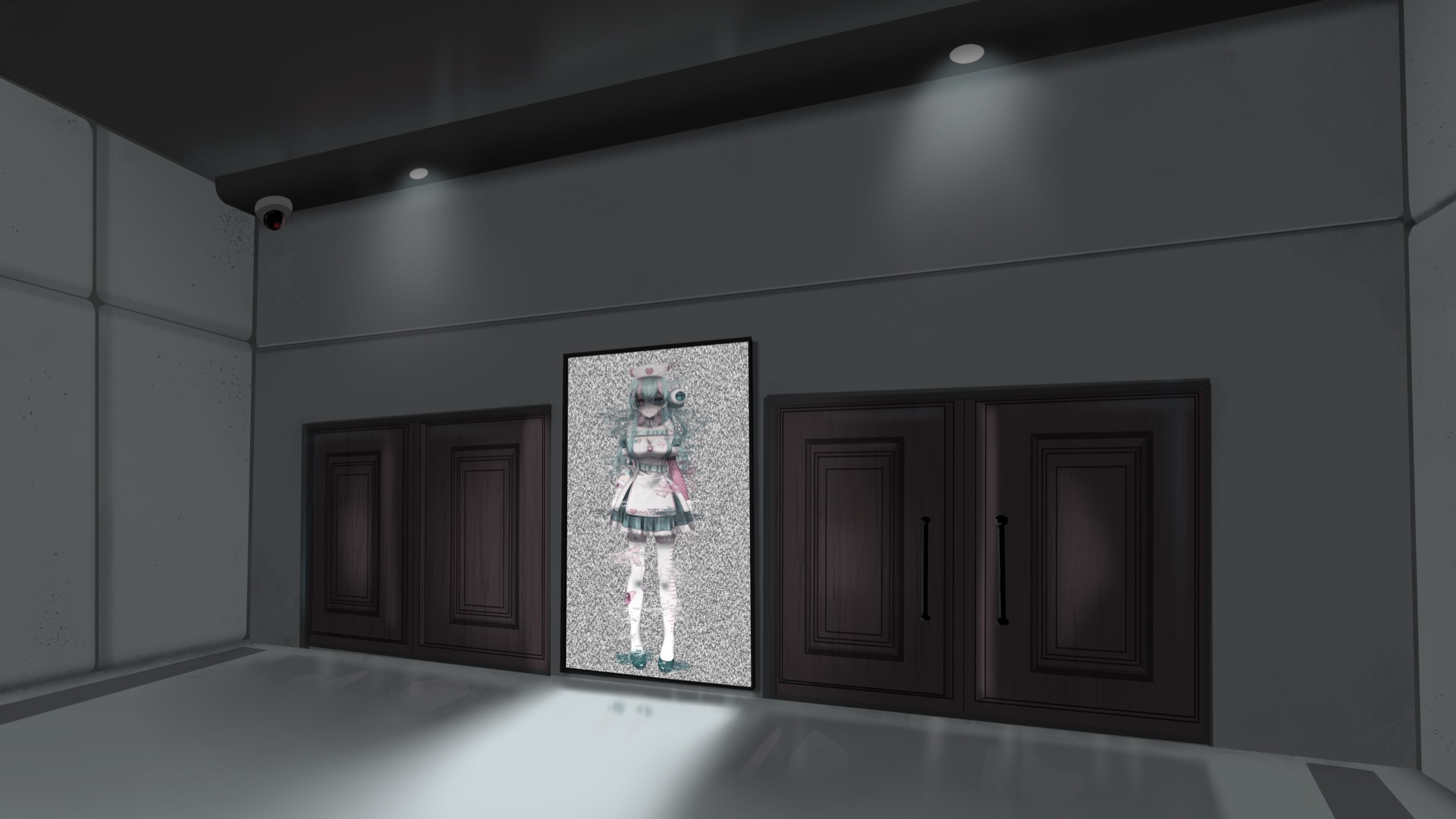 ภาพจากเกม ห้องที่มีโปสเตอร์ VTuber ผิดปกติ