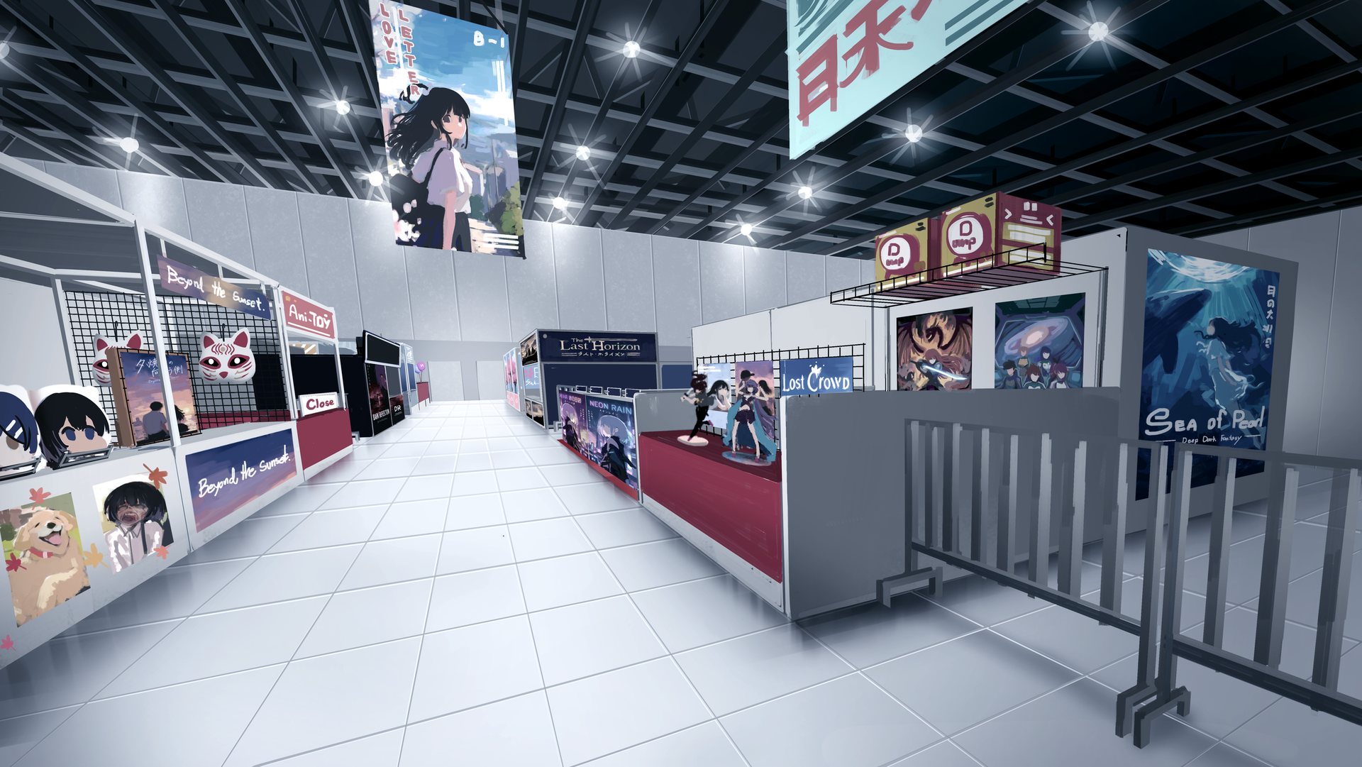 ภาพจากเกม โถงบูธเกมในงาน Anime Expo ที่เต็มไปด้วยบูธและป้ายสว่าง